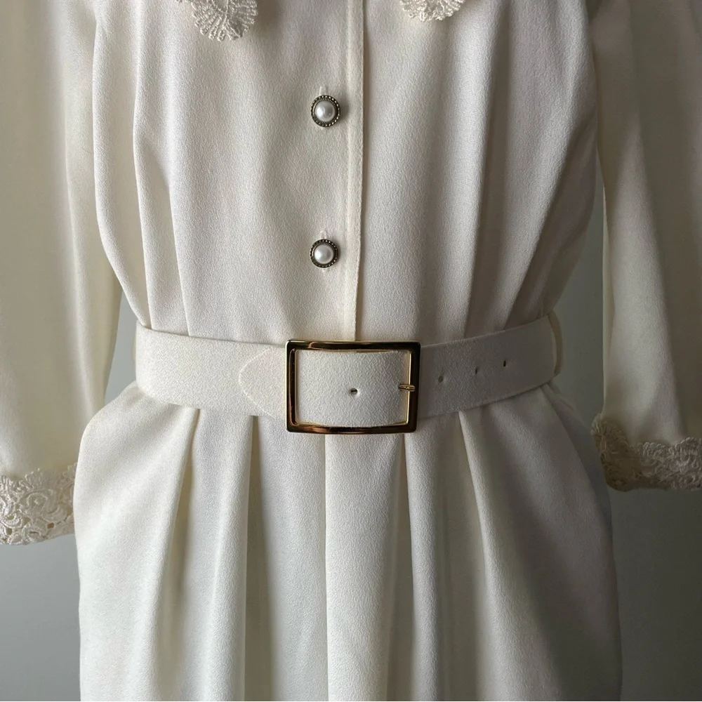 80s Vintage Missy First Montreal Lace Collar Modi Dress Button Down Cream Medium - Picture 2 of 13